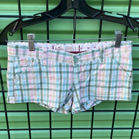 Hollister Pants - Hollister Women's Plaid Jean Shorts - Green and Pink